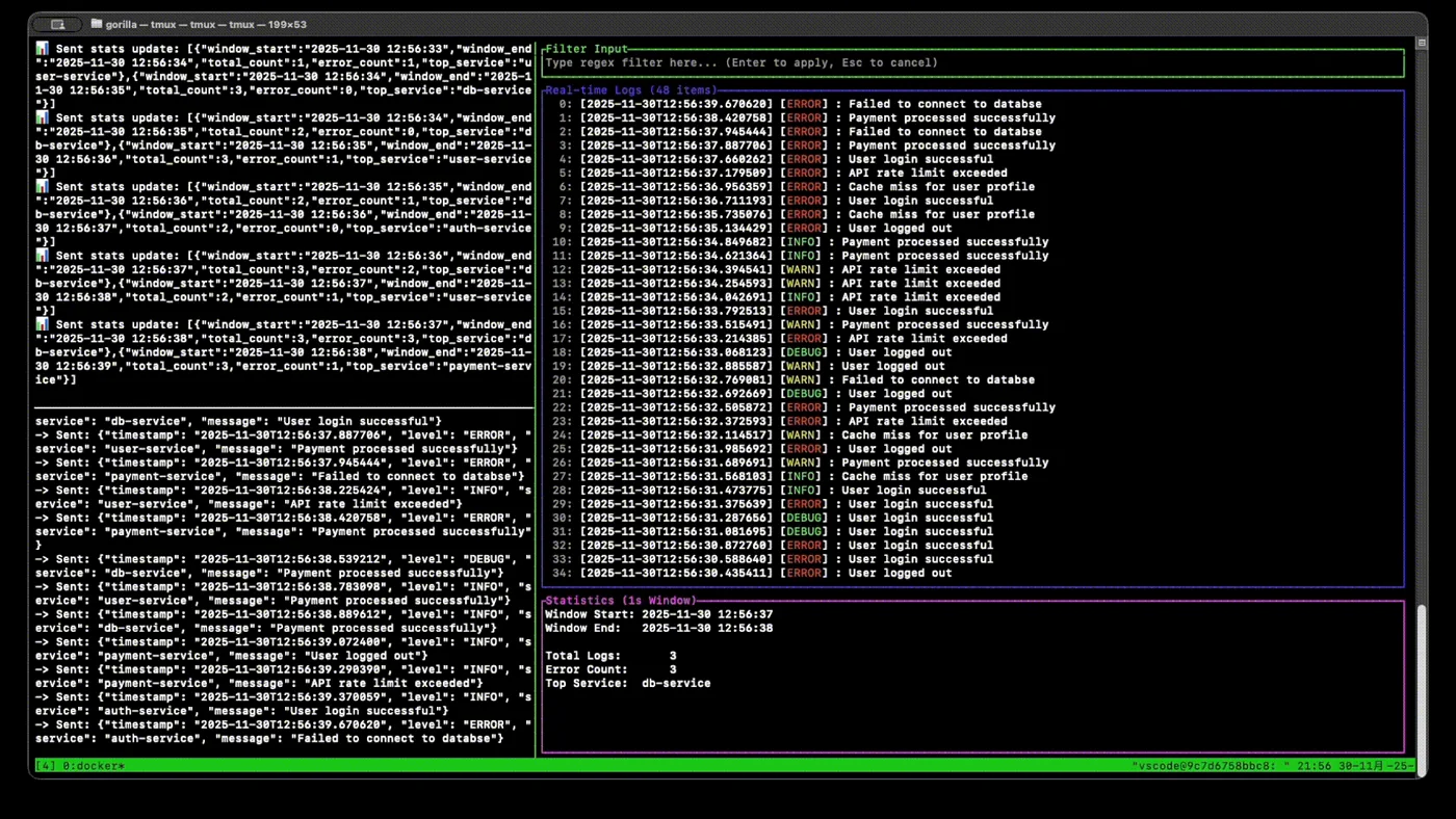 Rust Log AnalyzerのTUIでリアルタイムにログストリームを監視している画面